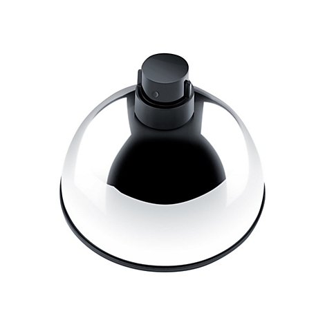 Halbkugelförmige Lampe in Chromoptik mit schwarzem Sockel auf weißem Hintergrund.