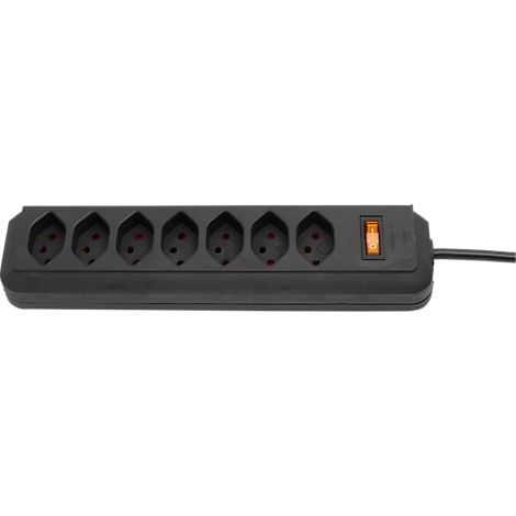 Schwarze Mehrfachsteckdose mit 6 Steckplätzen, Ein-Aus-Schalter und Kabel.