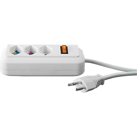 Weisse Steckerleiste mit drei Steckdosen, einem Schalter und einem Stecker.