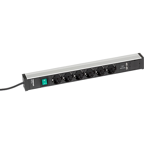 Schwarze Steckdosenleiste mit 6 Steckdosen, silbernem Rahmen, grünem Schalter und USB-Anschlüssen.