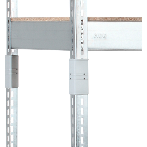 Detailaufnahme einer Regalhalterung, mit grauem Halter, weißer Steckvorrichtung und Holzboden. Auf der Seite steht 300 KG.