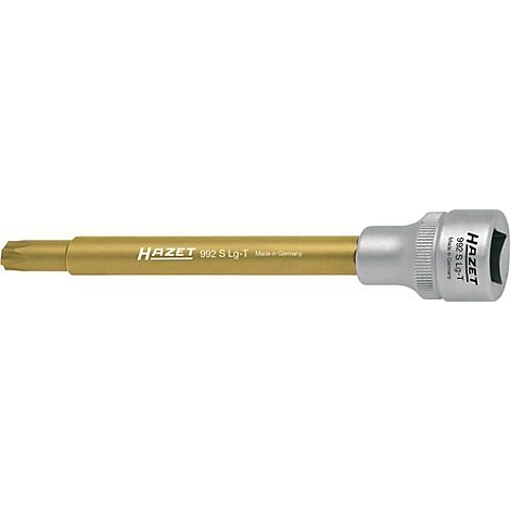 Detailaufnahme eines goldenen Schraubwerkzeugs mit silbernem Aufsatz und der Aufschrift HAZET.