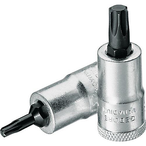 Zwei silberne Torx-Bits liegen vor hellem Hintergrund. Auf einem steht "GEDORE VANADIUM".