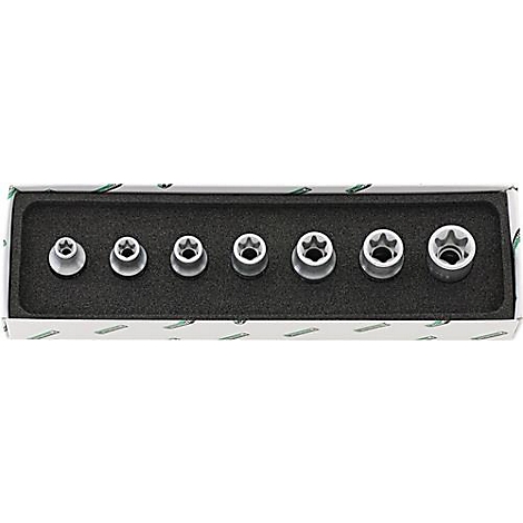 Ein Set grauer Torx-Nüsse in einer schwarzen Schaumstoffeinlage in einer weißen Box.