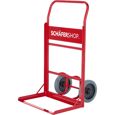 Rode steekwagen met "SCHÄFERSHOP" belettering, twee grijze wielen.
