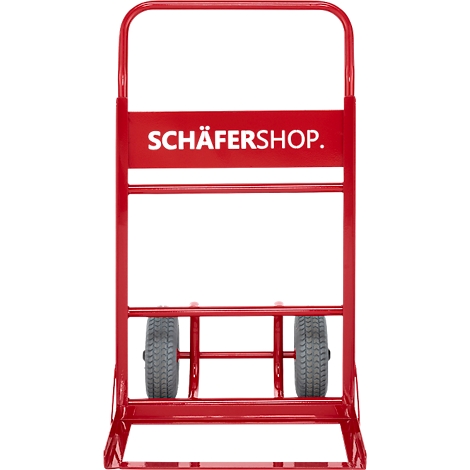 Rode steekwagen met twee wielen, "SCHÄFERSHOP" belettering.