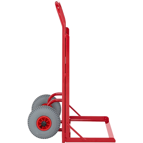 Rode steekwagen in profiel met grijze banden. Het laadvlak en de handgreep zijn goed zichtbaar.