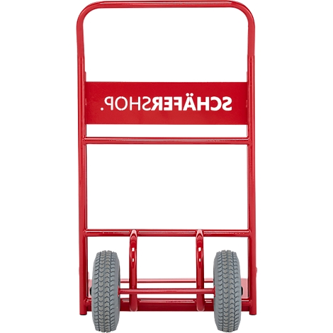 Rode steekwagen met "SCHÄFFERSHOP" belettering. Twee grijze banden, stalen frame.