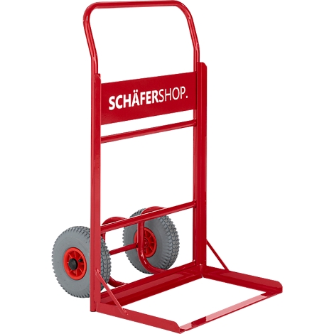 Rode steekwagen met grijze wielen en het logo "SCHÄFERSHOP".