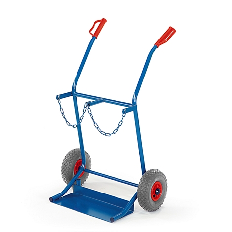 Blue gas cylinder trolley with two wheels and red handles. Chain to secure the bottle.