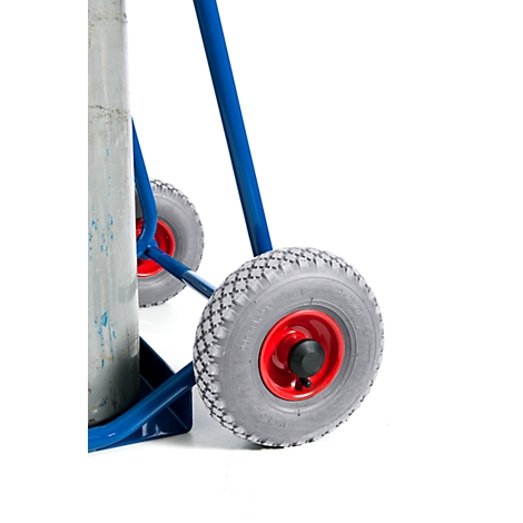 Blue gas cylinder cart with two grey wheels, red rims, and a silver gas container. The detail shows the wheels and the cart.