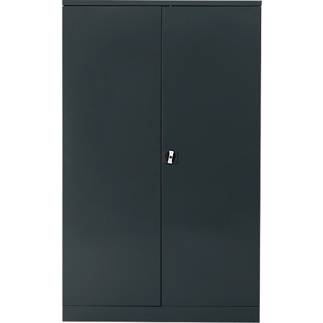 Dark gray closed cabinet with two doors and a silver handle.