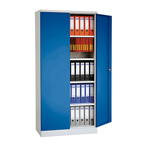 Blue filing cabinet, open, filled with folders in various colors.