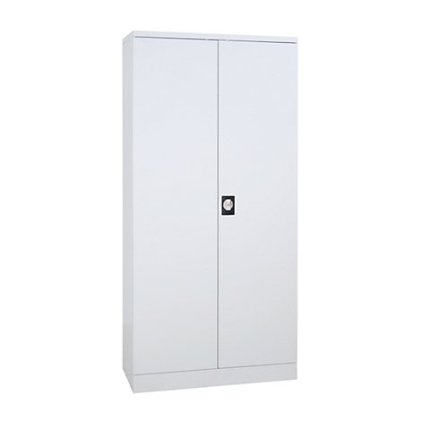 White filing cabinet, two doors, square handle, against a white background.