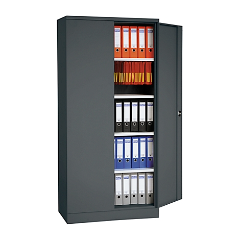 Dark gray file cabinet with open door, filled with colorful folders.