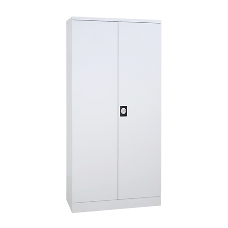 White file cabinet with two doors and a black handle.
