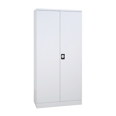White steel cabinet with two doors and a door lock in the middle.