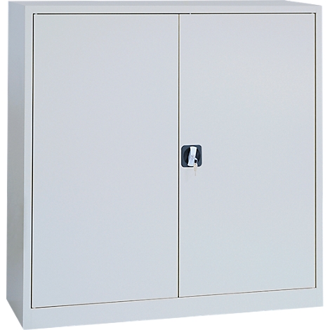 A grey filing cabinet with two doors and a handle in the middle. The cabinet is upright.