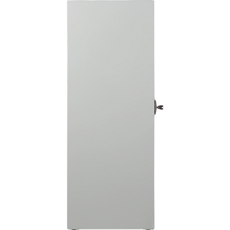 A gray cabinet door with a handle and a key.