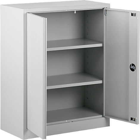 Gray steel cabinet with two open doors, three shelves. One door is open.