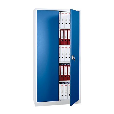 Blue file cabinet, partially open, filled with file folders.