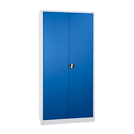 Blue steel cabinet with two doors and a silver lock. The door frames are white.