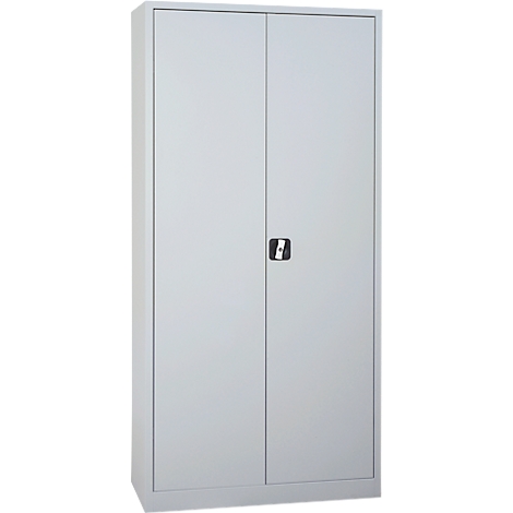 Gray steel cabinet with two doors and a handle.
