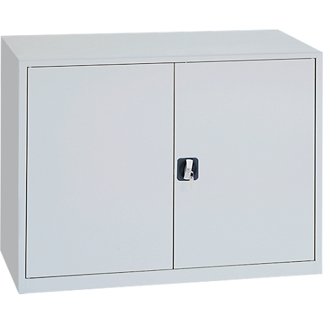 Gray cabinet with two doors and a handle in the middle.