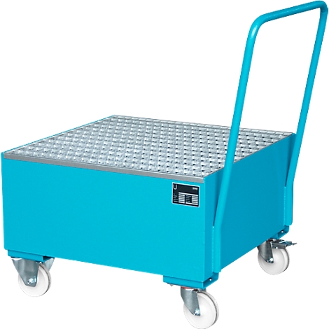 Blue transport cart with a checkered platform and handle. On wheels, ideal for loads. Label on the case.
