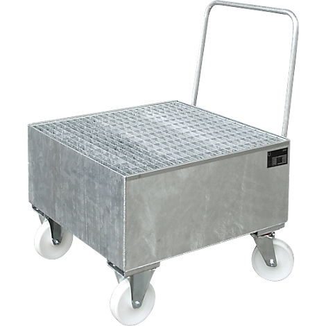 Metal transport trolley with grid surface, four wheels and handle.