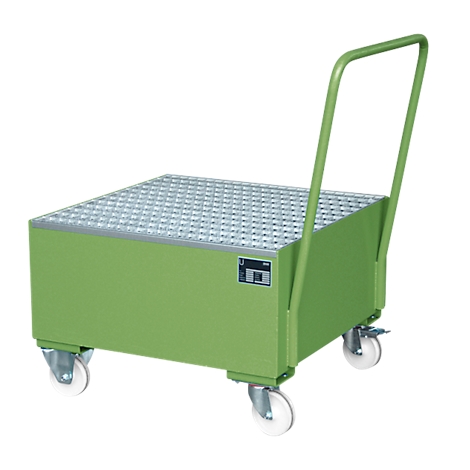 Green transport trolley with wheels and handle, silver corrugated loading area.