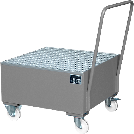 Grey transport trolley with a ridged loading area and handle. It has four wheels.