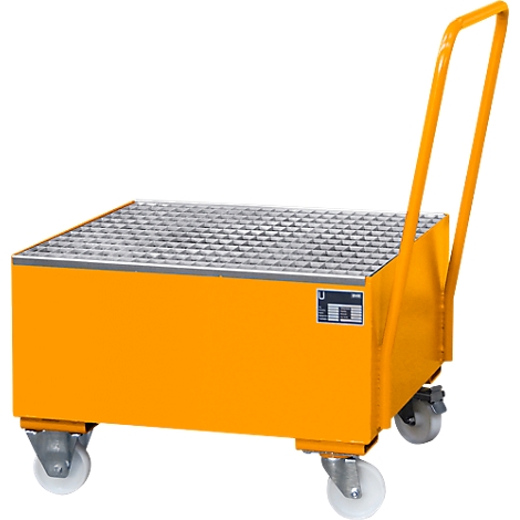 Yellow transport trolley with grid surface, handle and wheels.