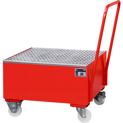 Red transport cart with grating and handle. Four wheels. Sticker with text.