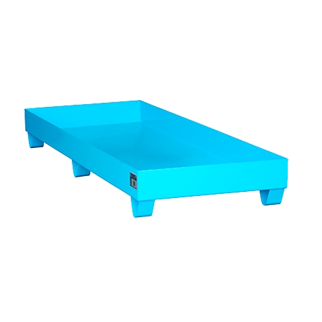 Blue plastic pallet with four feet, viewed slightly from above.