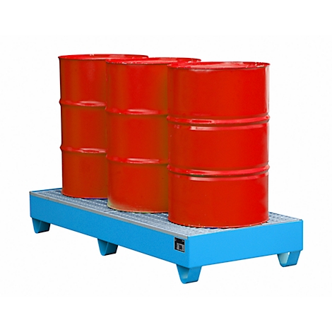 Three red barrels stand on a blue spill containment pallet against a white background.