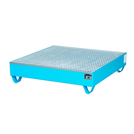 Blue metal spill containment pallet with grating. Stands on four curved feet.