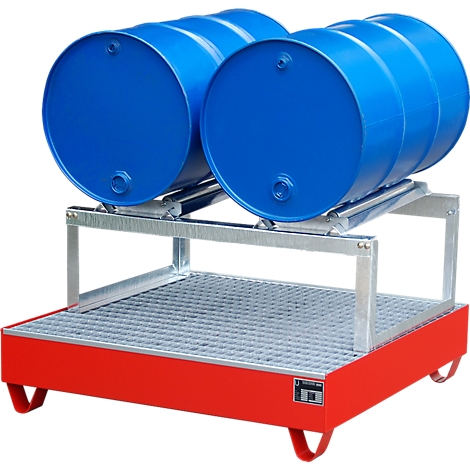 Two blue barrels on a red and silver rack. Lower level with grid, upper level for barrels.