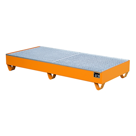 Orange spill containment pallet with grid, side view on a white background.