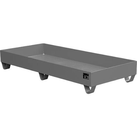 Grey rectangular metal tray with feet. A small company logo is visible on the side.