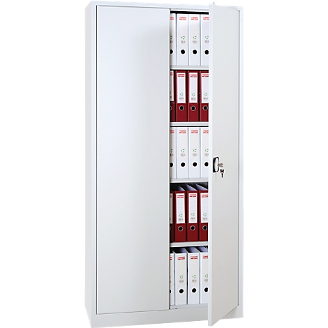 White filing cabinet with an open door, filled with files. Key in lock.