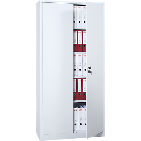 White filing cabinet, one door half open, filled with binders.