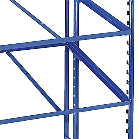 Close-up of a blue metal shelf with diagonal and horizontal struts.