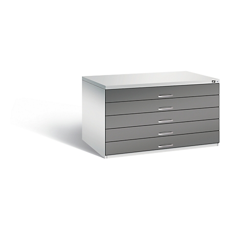 Gray architectural cabinet with five drawers. Light gray top, gray drawers with metal handles, white body.