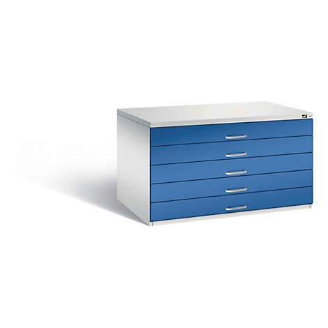 Blue and white drawer cabinet, 5 drawers, metal handles. On a white background.