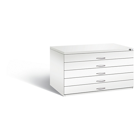 White, cuboid filing cabinet with five drawers and silver handles. On a light background.