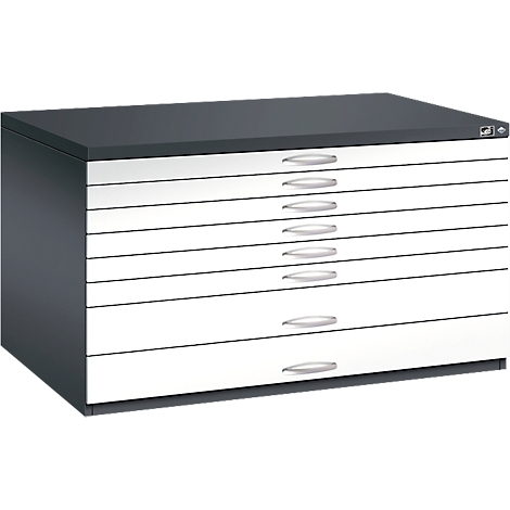A gray filing cabinet with nine drawers, each with a silver handle.
