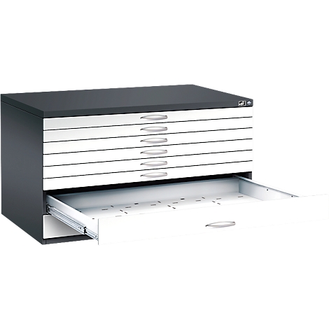 A flat grey filing cabinet, one drawer open. The white drawers have silver handles.