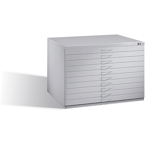 Grey architectural cabinet with ten drawers and handles.