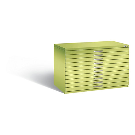Light green drawing cabinet with ten drawers and silver handles.